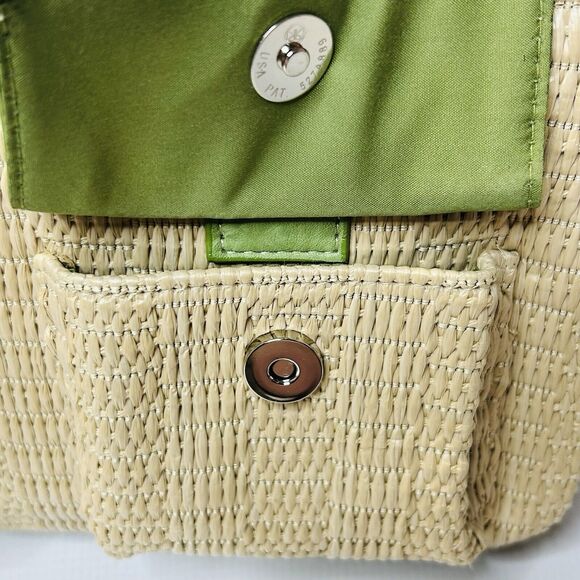Kate Landry Natural Straw Green Soft Leather Tote Bag W Double Front Pockets - Picture 6 of 10